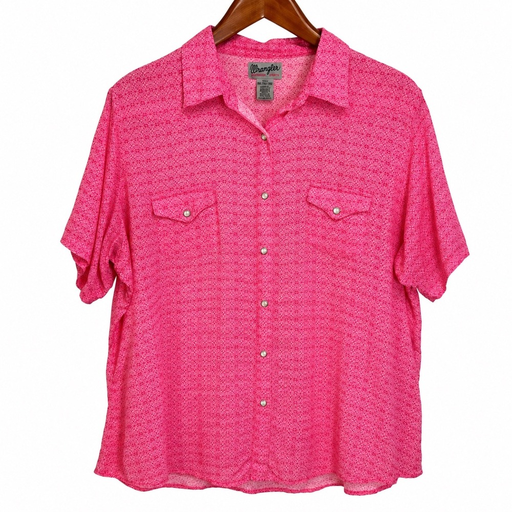 Wrangler Wrancher Womens XXL Pink Geometric Western Short Sleeve Rayon Shirt